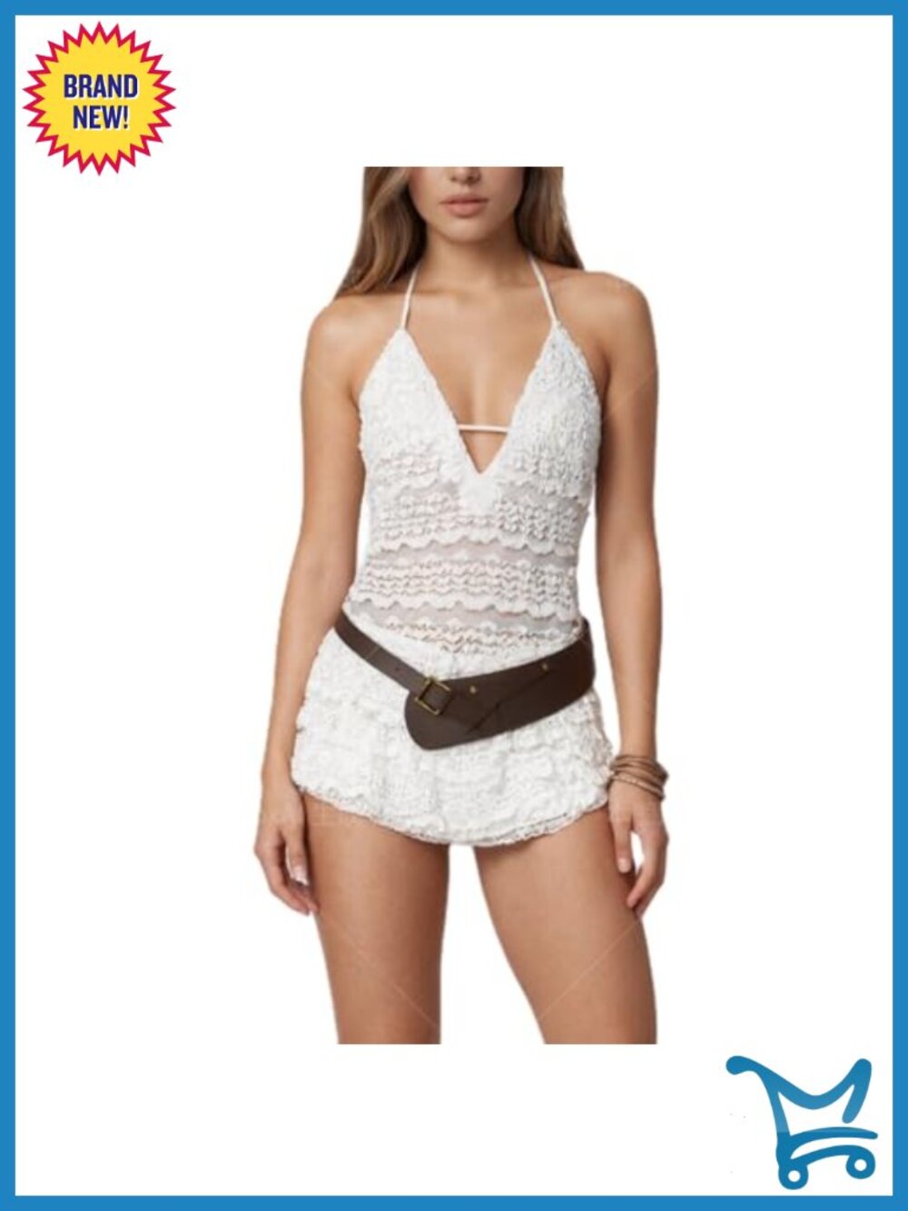 Women Halter Y2K Lace Romper Deep V Neck Ruffled Tie Back Backless Coquette